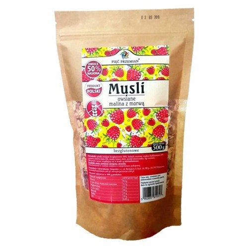 Musli owsiane Malina z Morwą bezglutenowe 500g - Pięć Przemian-1802