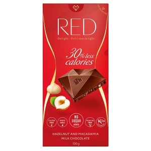 Czekolada mleczna z orzechami laskowymi i makadamia, bezglutenowa, 30% mniej kalorii 100g - RED Delight