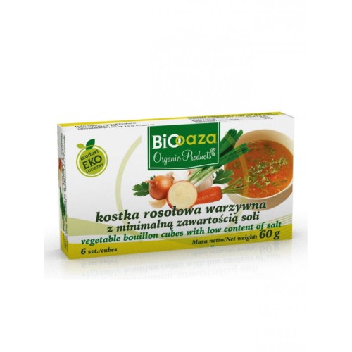 Kostki rosołowe warzywne bez glutenu (obniżona zawartość soli) BIO 60g (6 sztuk) Bio Oaza-512