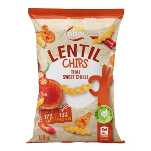 CHIPSY Z CZERWONEJ SOCZEWICY O SMAKU TAJSKIEGO SŁODKIEGO CHILLI 120G OHO