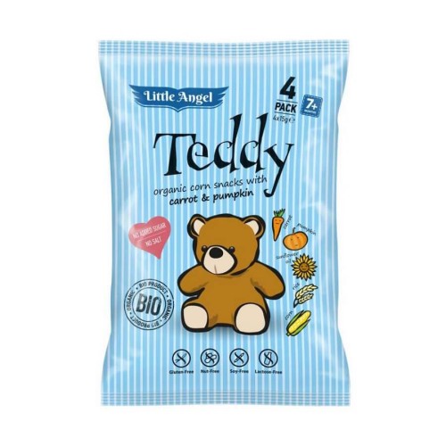 Chrupki kukurydziane Teddy marchew i dynia od 7 miesiąca bezglutenowe BIO 4x15g -  Little Angel-835